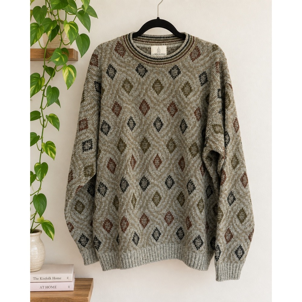 Vintage London Fog Men's Large Diamond Pattern Sweater 80s 90s Grandpacore Earth